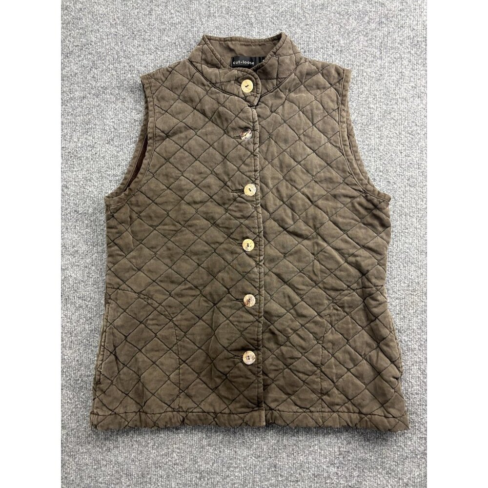 Cut Loose Vest Womens Small Brown Quilted Button Front Pockets USA Tencel Lined